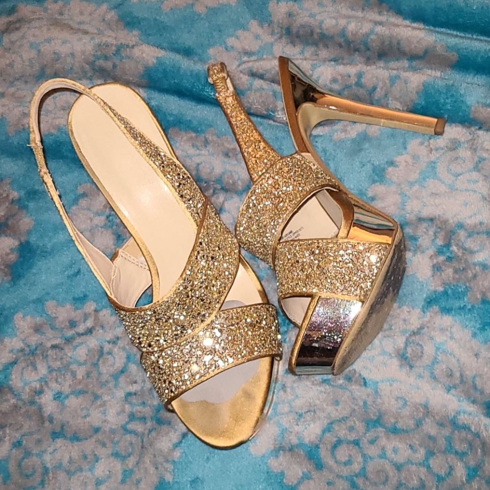 Gold glitter slingback heels